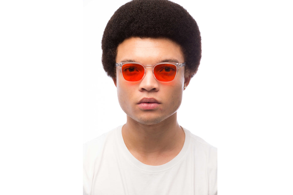 Man Wearing Crystal Blue Light Blocking Glasses